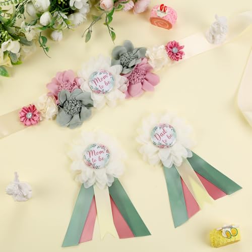 Image of Dusty Rose and Sage Green Baby Shower Maternity Sash Kit, Dusty Pink Gender Reveal Belly Belt and Mom To Be Dad To Be Corsage Pins, New Parent Pregnancy Announcement Photo Prop Party Supplies