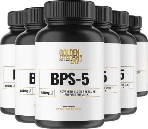 Golden After 50 BPS-5 - Blood Pressure Support Supplement - 6 Bottles - Helps Support Blood Flow and Heart Health - 800mg Magnesium Supplement with Grapeseed Extract, Hawthorn Berry, GABA