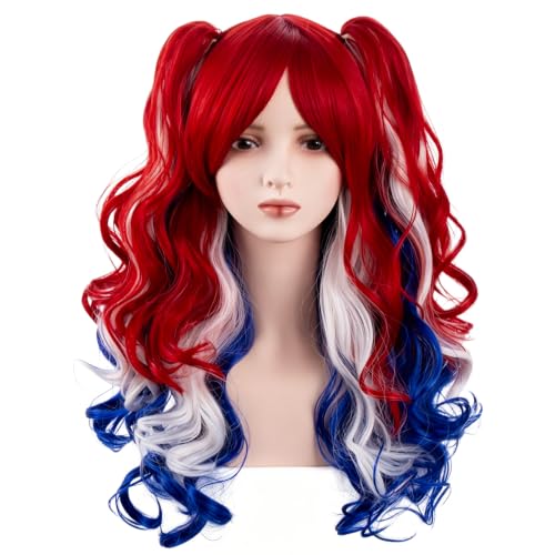 Lavviiqa Red White and Blue Wigs with 2 Ponytails Fourth of July Wig for Women Long Curly Wavy Wig for Cosplay Independence Day Synthetic Wigs