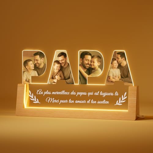 Bemaystar Veilleuse Photo Personnalisée Papa - Cadeau Fête des Pères, Anniversaire - Lampe LED Gravée Photo, Cadeau Homme Original, Noël