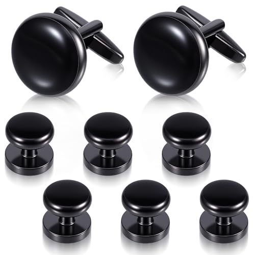 Qianyu 8 Pcs Cufflinks for Men Stainless Steel Tuxedo Studs Classic Black CuffLinks Tuxedo Studs Buttons Round Wedding Cufflink for Mens Formal Kit Business or Wedding Shirts