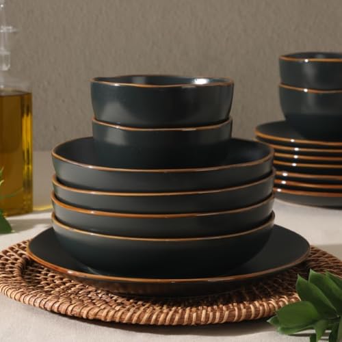 Image of Gibson Home Hazeltine 16-Piece Black Stoneware Dinnerware Set - Plates and Bowls, Durable Ceramic Kitchen Dinner Set