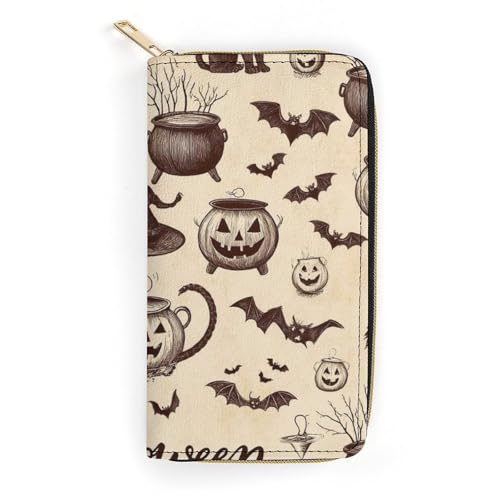 Women's Cute Decor Wallet, Long PU Zipper Wallet, Travel Purse Fashion Design, Huge Storage Capacity Purse Halloween Decorations Black Cat Bat Pumpkin Skull Party Pattern