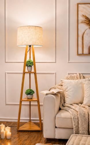 Image of Modern Wooden Triangle Floor Lamp with Shelves - 3-Tier Standing Lamp with Fabric Shade, Corner Shelf Light for Living Room, Bedroom, Study - Space Saving Decorative Lamp with Plant Stand