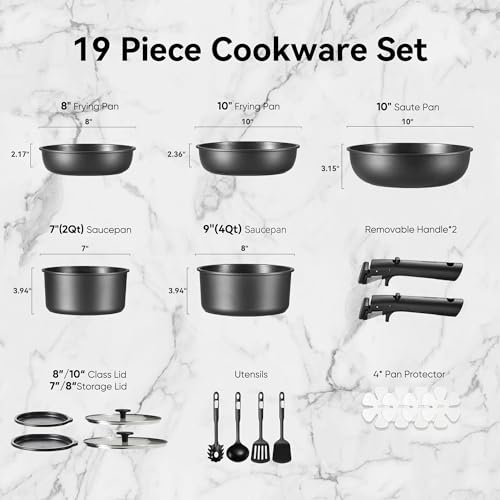 CAROTE 19Pcs Pots and Pans Set Non Stick, Cookware Set Detachable Handle, Nonstick Induction Kitchen Sets Non Stick with Removable Handle, RV Cook Ware, Oven Safe, Black - Image 3