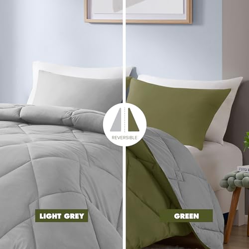 Image of Comfort Spaces King Comforter Set, Chic Reversible Quatrefoil Quilting Comforters King, All Seasons, Lightweight Microfiber Bedding Set Matching Sham, Vixie, King Green /Grey 3 Piece