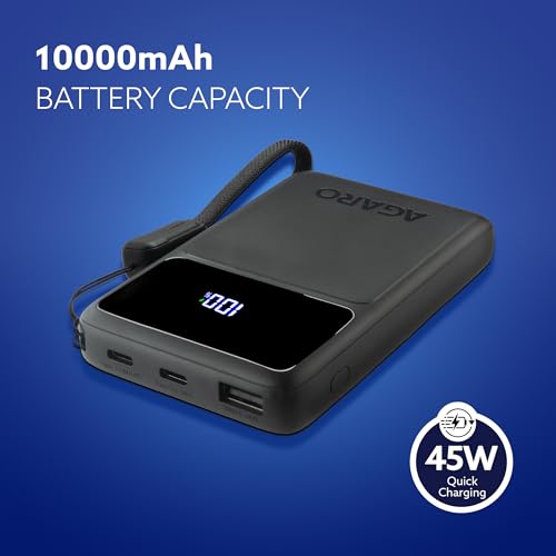 Image of AGARO Ignite Power Bank 10000 mAh Compact Power Bank, 45W PD & 22.5W QC Output for Smartphones, Portable, Superfast Charge Technology for Android, iPhones, Tablets & Headphones