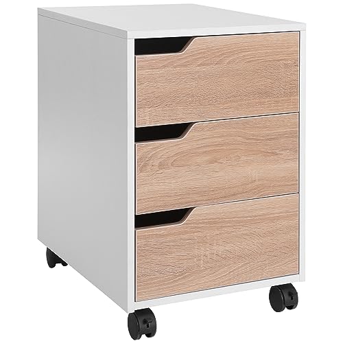 HOMCOM Rollcontainer, Aktenschrank, Bürocontainer mit 3 Schubladen, Büroschrank, Aufbewahrung, Container,4 Universalräder, MDF, Natur+Weiß, 40 x 50 x 57,5 cm