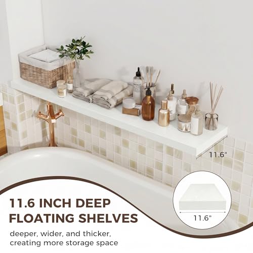 Image of Fun Memories 12 Deep Floating Shelves for Wall, 55W x 12D Extra Large Floating Shelves Set of 2, Hanging Wood Wall Shelves for Living Room, Kitchen, Bedroom, Farmhouse, Laundry Room, Office - White