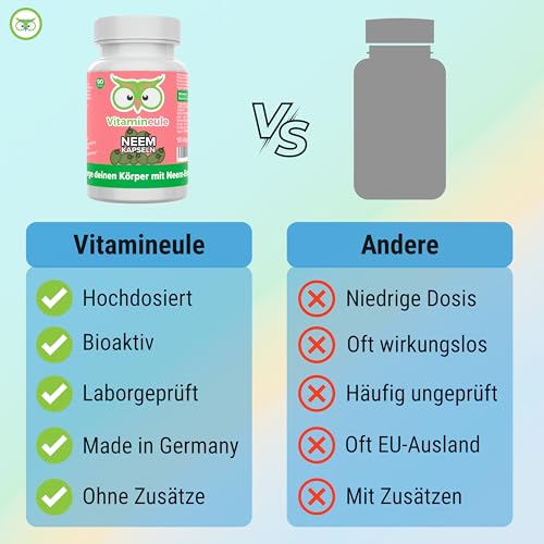 Neem Kapseln - hochdosiert 400 mg 4:1 Extrakt (entspricht 1.600 mg Neem-Pulver) - bioaktiv & vegan - Produktion in Deutschland - Niem ohne Zusatzstoffe - Frucht-Extrakt aus dem Neembaum - Vitamineule®