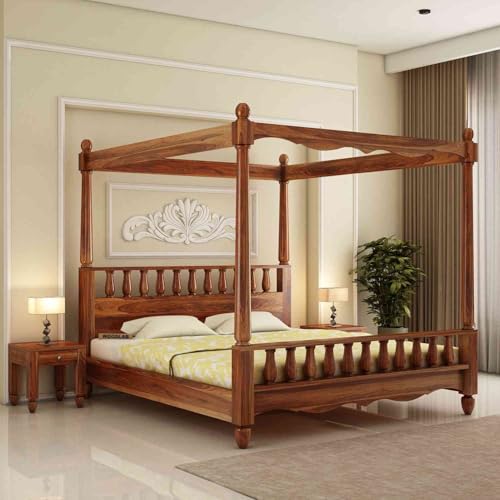 Image of WOODLAB Furniture Sheesham Wood King Size Poster Bed Without Storage | Wooden Double Size Cot Palang for Bedroom Living Room Home and Hotel (Honey Finish)