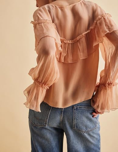 Image of Sexy Pink Ruffle Shirt Flowy Lace Long Sleeve Front Tie Chiffon Top Boho Embroidered Peasant Blouse Summer Bow Tie Front Peplum Tops for Women