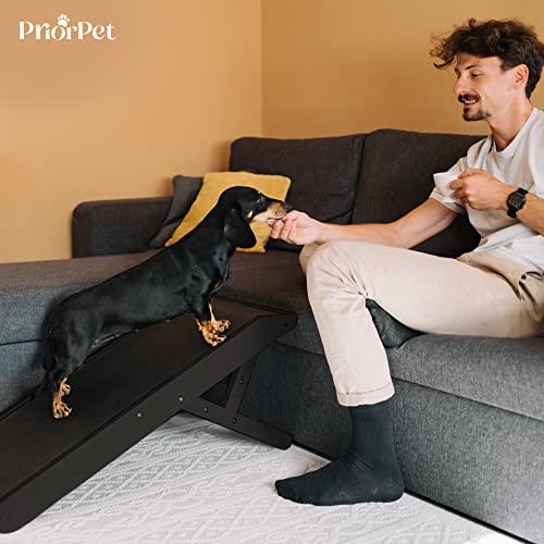 Hunderampe - Hundetreppe für kleine Hunde und große Hunde - Einstellbar 18-53 cm - Für Bett Sofa - Birkenholz - Landeplattform schließt nahtlos an - Rampe Hund Klappbar - Anti-rutsch Einsatz Schwarz