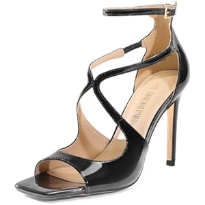 DREAM PAIRS Women's High Heels Sexy Cross Square Open Toe Strappy Dressy Sexy Stylish Stilettos Heels Sandals 6.5 Black-pat