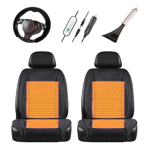 シートヒーター 車, 12V/24V、【10S急速加熱】, シートヒーター 後付け 車, 雪かきスコップが付属, 車 クッション, 冬のドライバーの友人への最高の贈り物,黒-ツーピースセット+ステアリングカバー