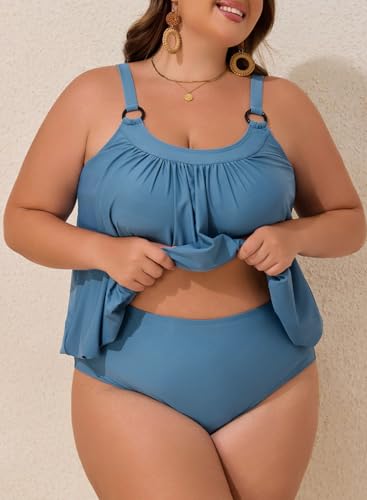 Aleumdr Plus Size Tankini Swimsuit for Women 2 Piece Tummy Control Bathing Suit Blouson Flowy Swim Dress with Bottom2