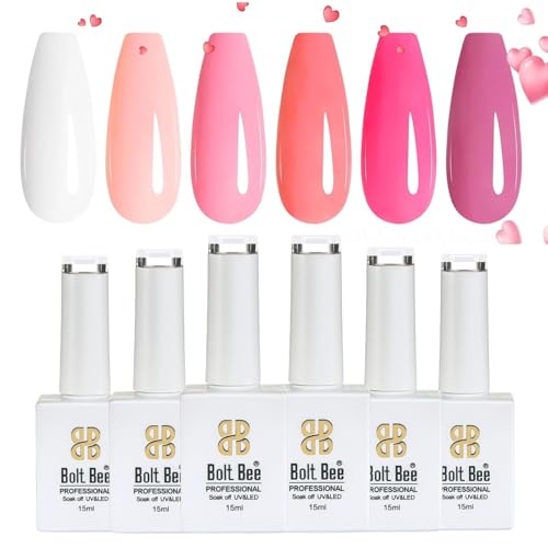 Image of Bolt Bee Gel Polish Kit, 6 Colors Light Soft Sakura White Nude Spring Soak off Nail Art Design Manicure Kit at Home (Dark Pink Shades)