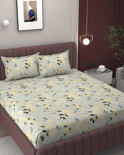 Image of 380 TC Premium Glace Cotton Elastic Fitted Bedsheet King Size with 2 Pillow Covers King Size | Double Bed with All Around Elastic (Green Floral, Fitted - 72 inchx78 inch King)