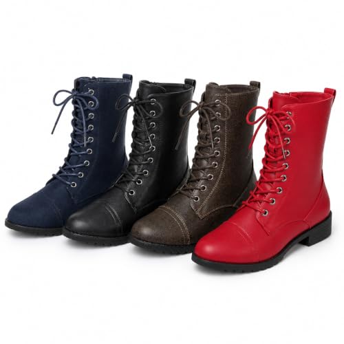 Image of Forever Link Womens Round Toe Military Lace Up Knit Ankle Cuff Low Heel Combat Boots