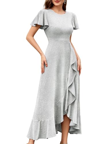 BeryLove Women Sequin Formal Party Dresses Flutter Short Sleeve Wedding Guest Cocktail Long Evening Dress S007 Silver L