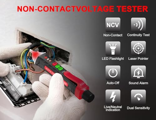 Image of NJTY Non-Contact Voltage Tester with Laser Guide, 12V-1000V Dual Range Electrical Tester Pen, Professional AC Circuit Detector with LED Flashlight, Sound and Light Alarm (Batteries Included)