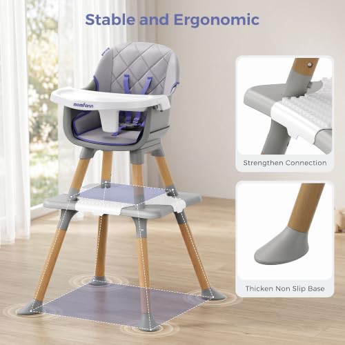 Image of MOMFANN 6-in-1 Convertible High Chair for Babies and Toddlers, Natural Wood Toddler High Chair with Adjustable Tray & & 5-Point Harness, Dishwasher-Safe