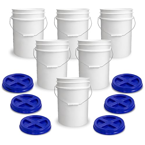 Image of ePackageSupply 5 Gallon Bucket - Food Grade Bucket with Airtight Gamma Seal Screw-On Lid, BPA-Free, Heavy-Duty 90 Mil HDPE Plastic, Bulk Storage, Durable Container, Made in USA, White /Blue, 6 Packs