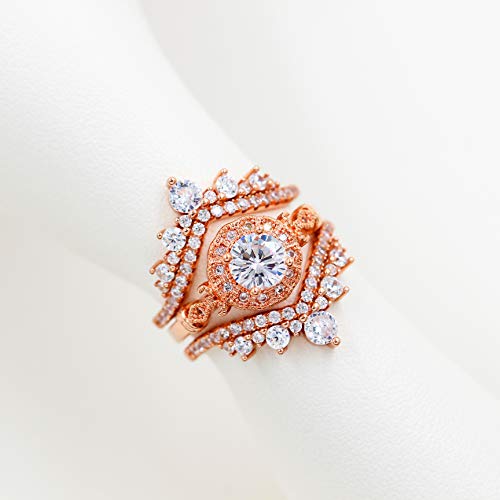 Uloveido 925 Sterling Silver Round CZ Crown Wedding Engagement Ring Guard Enhancer 2pcs V-shape Stack Rings Set Y10273