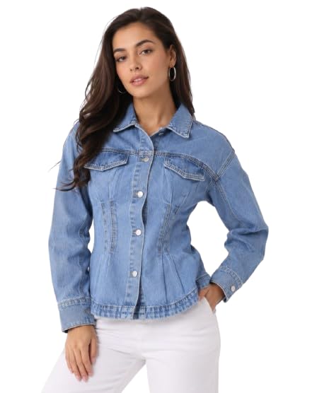 nobarr Women's 100% Denim Jacket | Classic Fit | Full Sleeve | Button Front | Collared Casual Jacket | Blue-picture-35