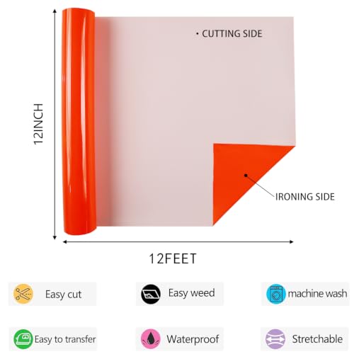 Image of Neon Orange HTV Iron on Vinyl 12Inch by 12ft Roll HTV Heat Transfer Vinyl for T-Shirt HTV Vinyl Rolls for All Cutter Machine - Easy to Cut & Weed for Heat Vinyl Design (Neon Orange, 12ft)