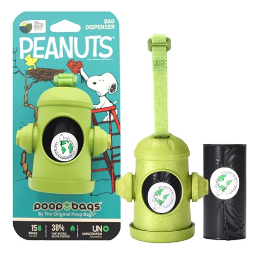 Image of The Original Poop Bags Peanuts Snoopy Dispenser with Leash Clip, Including 15 Count USDA Certified 38% Biobased, Unscented Pet Waste Bags