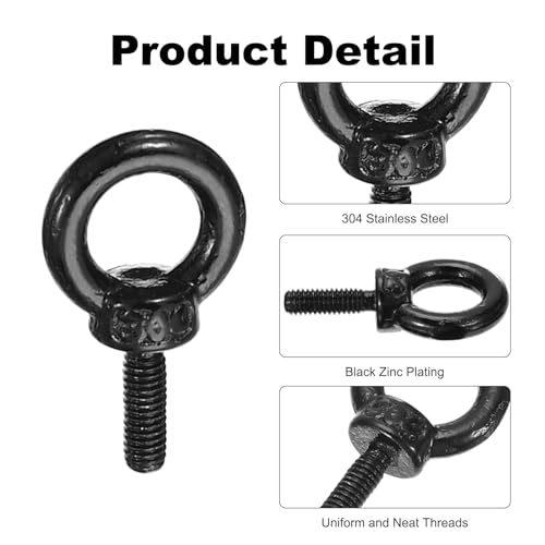Image of PATIKIL Lifting Eye Bolts M3 x 9mm, 6 Pcs 304 Stainless Steel Shoulder Ring Threaded Screw Machinery Shoulder Eyebolt for Lifting Hanging, Black