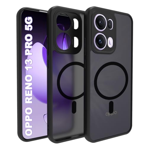Image of RIGGEAR Shockproof Sleek Hybrid Armor Magnetic Back Cover Case Compatible with MagSafe Accessories for Oppo Reno 13 Pro / Reno13 Pro 5G (Smoke Black Matte PC + Black TPU Bumper)
