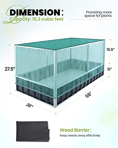 King Bird Raised Garden Bed With Garden Anti Bird Protection Netting Structure 68"X36"X27.5" Galvanized Steel Metal Planter Kit Box With 8Pcs T-Type Tags & 2 Pairs Of Gloves Dark Grey #TOP6