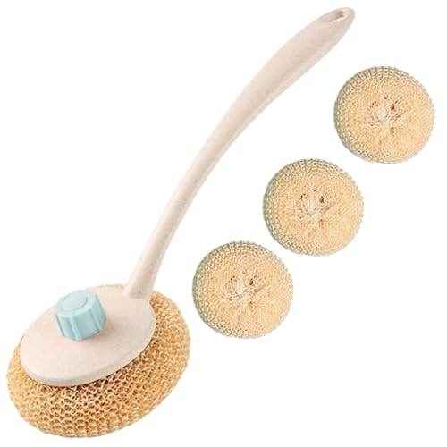 JECOMPRIS Cepillo para Fregar Ollas y Sartenes Antiadherentes Set de 1 Cepillo de Mango Largo Color Crema con 3 Recambios Cerdas Resistentes para Limpieza de Cocina y Color Aleatorio