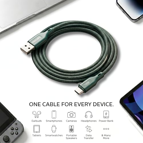 Image of PHILIPS DLC4160AT /94 18W Type-A to Type-C Fast Charging Cable (2m, Crystal Teal) | Nylon Braided | Compatible with iPhone 15+ Series, USB-C iPad Models, Samsung Galaxy & All Type C Devices