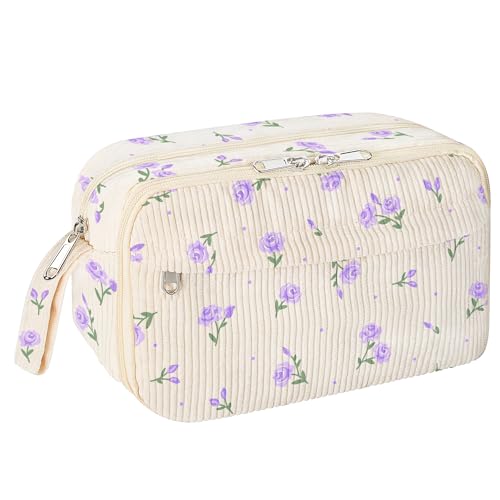 Image of WOBAGMEN Cute Pencil Case,Large Corduroy Zippered Pencil Case Pouch, aesthetic Pencil Bag with Compartments, Pencil Pouch School Supplies (HY-corduroy pc-purple floral)