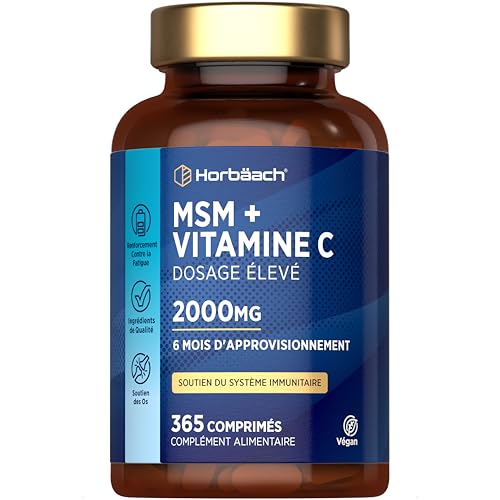 MSM 2000mg Avec Vitamine C | 365 Comprimés Vegan Pour 6 Mois | Méthylsulfonylméthane et Acide Ascorbique | Alternative à la MSM Poudre | Complément Alimentaire Hautement Dosé | par Horbaach