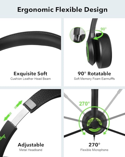 Image of JIAMQISHI USB Headset with Mic for PC, On-Ear Computer Laptop Headphones with Noise Cancelling Microphone in-line Control for Home Office Online Class Skype Zoom (USB+3.5mm, Green)