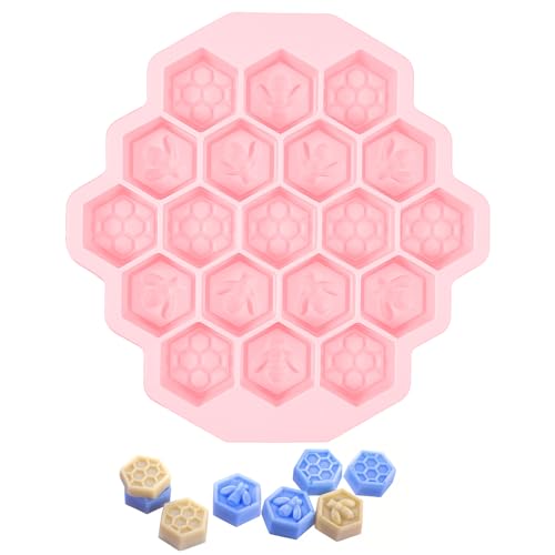 Honey Comb Silicone Moulds 19 Cavity Bee Silicone Baking Mould Non-Stick Reusable Wax Melt Moulds for Chocolate Candy Jelly Soap Craft(Pink)