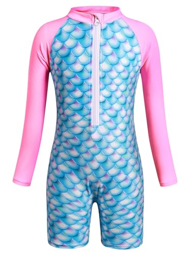 Jolikley Traje de baño de sirena de manga larga para niñas, traje de baño de una pieza con cremallera, protección solar, surf, natación, vacaciones, playa, Traje de baño de sirena rosa, 3-4 años