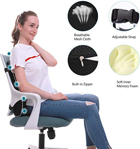 Qutool Lumbar Support Pillow for Office Chair Car Memory Foam Back Cushion for Back Large Back Pillow for Computer, Gaming Chair, Recliner Double Adjustable Straps