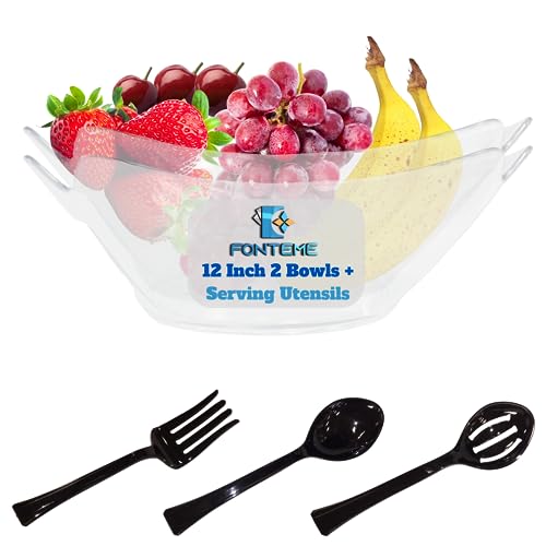 Fonteme Premium Extra Heavy Weight 12-inch Flower Serving Bowl - Clear - Set of 2, With Serving Set - Black | Elegant 4.5 Quart Flower Bowl.