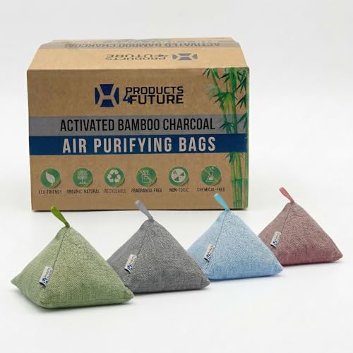 Image of 4 pack Naturally Activated Bamboo Charcoal Air Purifying Bags | Natural Home Deodorizer Bag | Charcoal Bag Odor Absorber For Pets | Odor Eliminator & Moisture Absorber Air Freshener Bag (100g Pyramid)