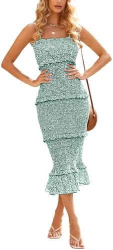 dowerme Women Summer Casual Floral Midi Smocked Bodycon Dresses Spaghetti Strap Square Neck Ruffle Mermaid Prom Dress