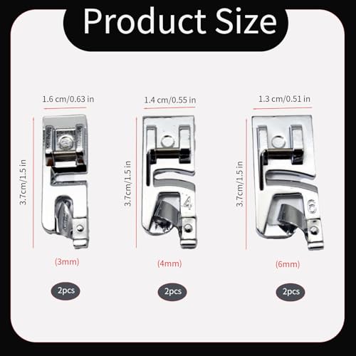 Set de 6 Pies Dobladillo Enrollado 3mm 4mm 6mm Para Máquina de Coser miniatura 2