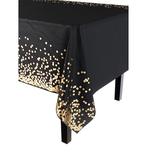 Image of Party Solids Black & Gold Dot Rectangular Plastic Tablecloth - 54x108 Inch, Pack of 24