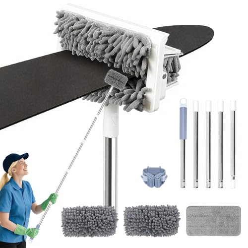 Ceiling Fan Cleaner Duster with 80'' Extendable Long Handle Pole - Microfiber Chenille Pads for Blades, Baseboards, Walls, Floors, Blinds & Cobwebs - Reusable & Washable
