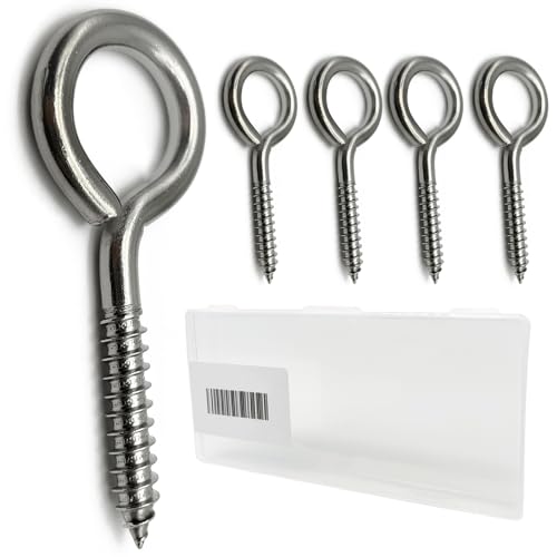 5 PCS Stainless Steel 4.5 Inch Screw Eyes Hooks Screw Eye Bolts, 300 Lbs Capacity