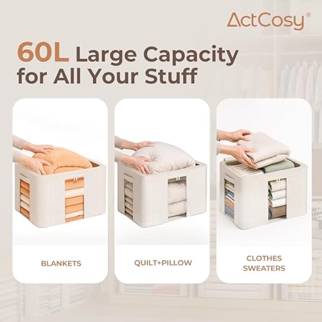 3Pack 60L Large Cloth Storage Bins with Metal Frame, Linen Storage Box with Clear Window, Stackable Sweater Storage for Closet, Clothes Containers for Comforters, Blankets, Quilts, T-shirt